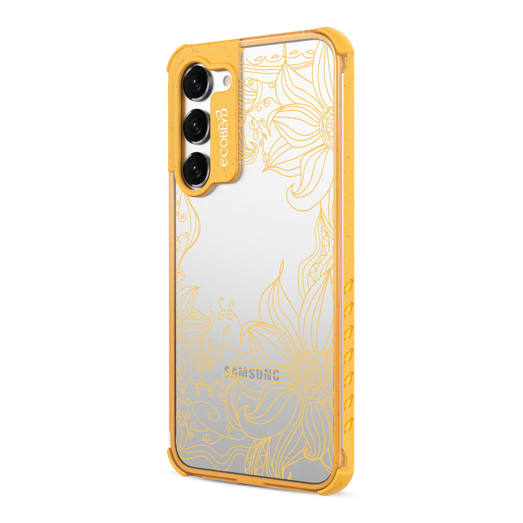 Flower Stencil - Right-side View Of Yellow & Clear Eco-Friendly Galaxy S23 Case