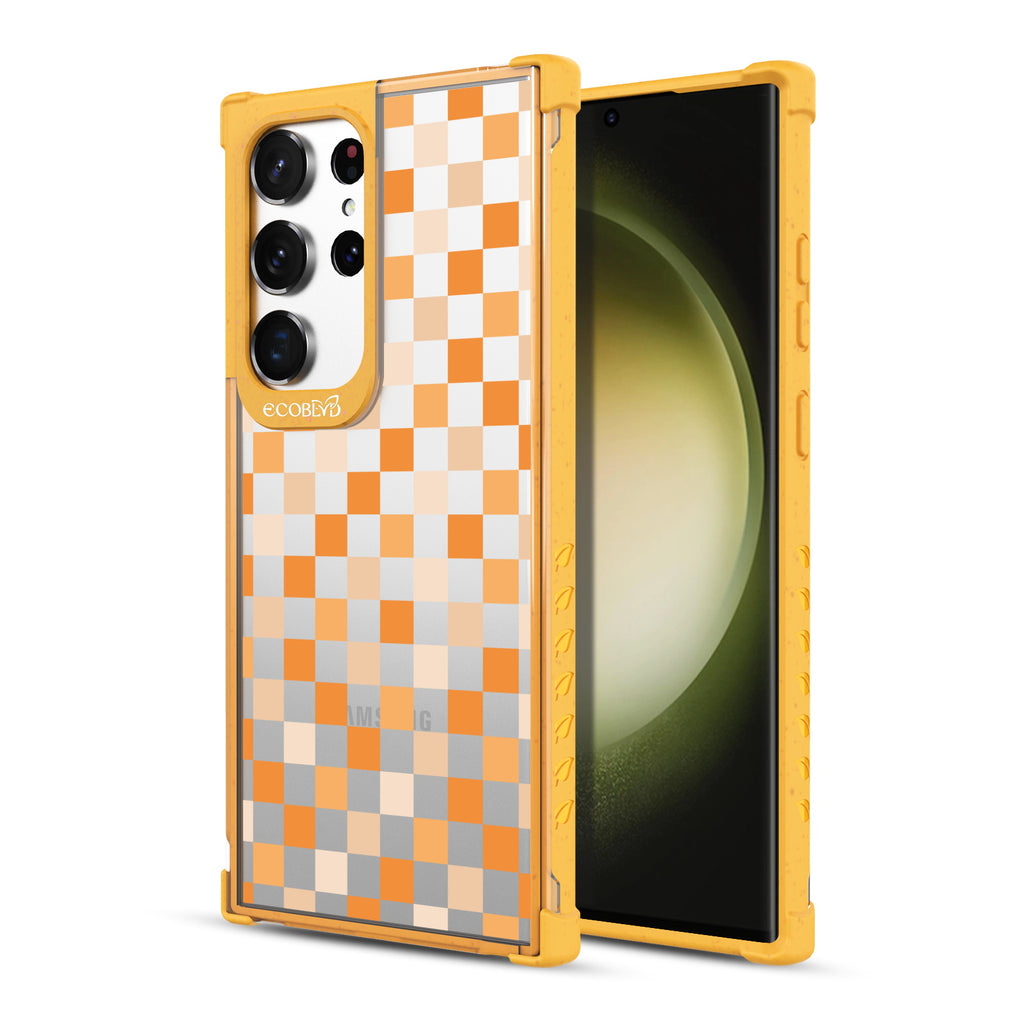 Checkered Print - Back View Of Yellow & Clear Eco-Friendly Galaxy S23 Ultra Case & A Front View Of The Screen