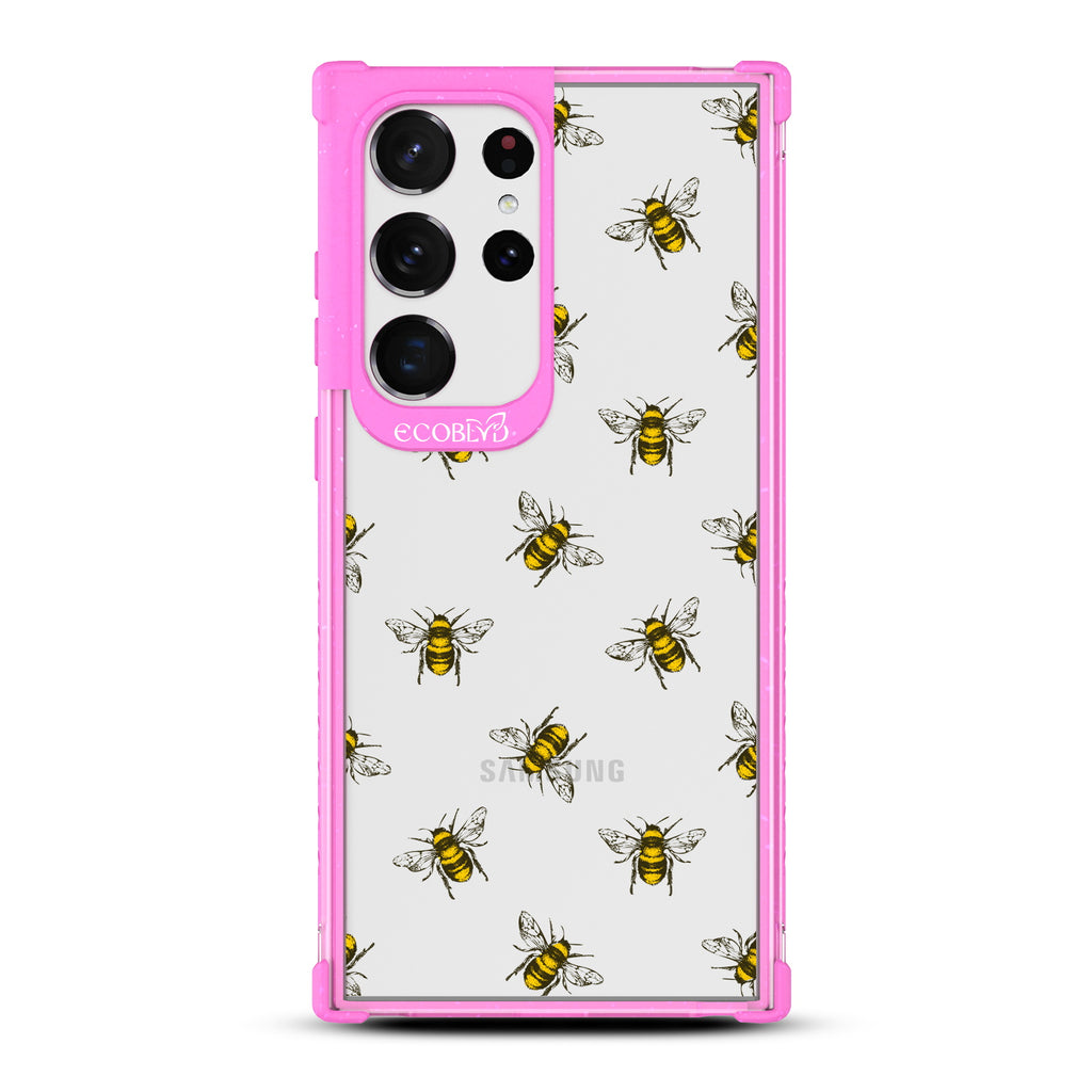 Bees - Pink Eco-Friendly Galaxy S23 Ultra Case with Honey Bees On A Clear Back