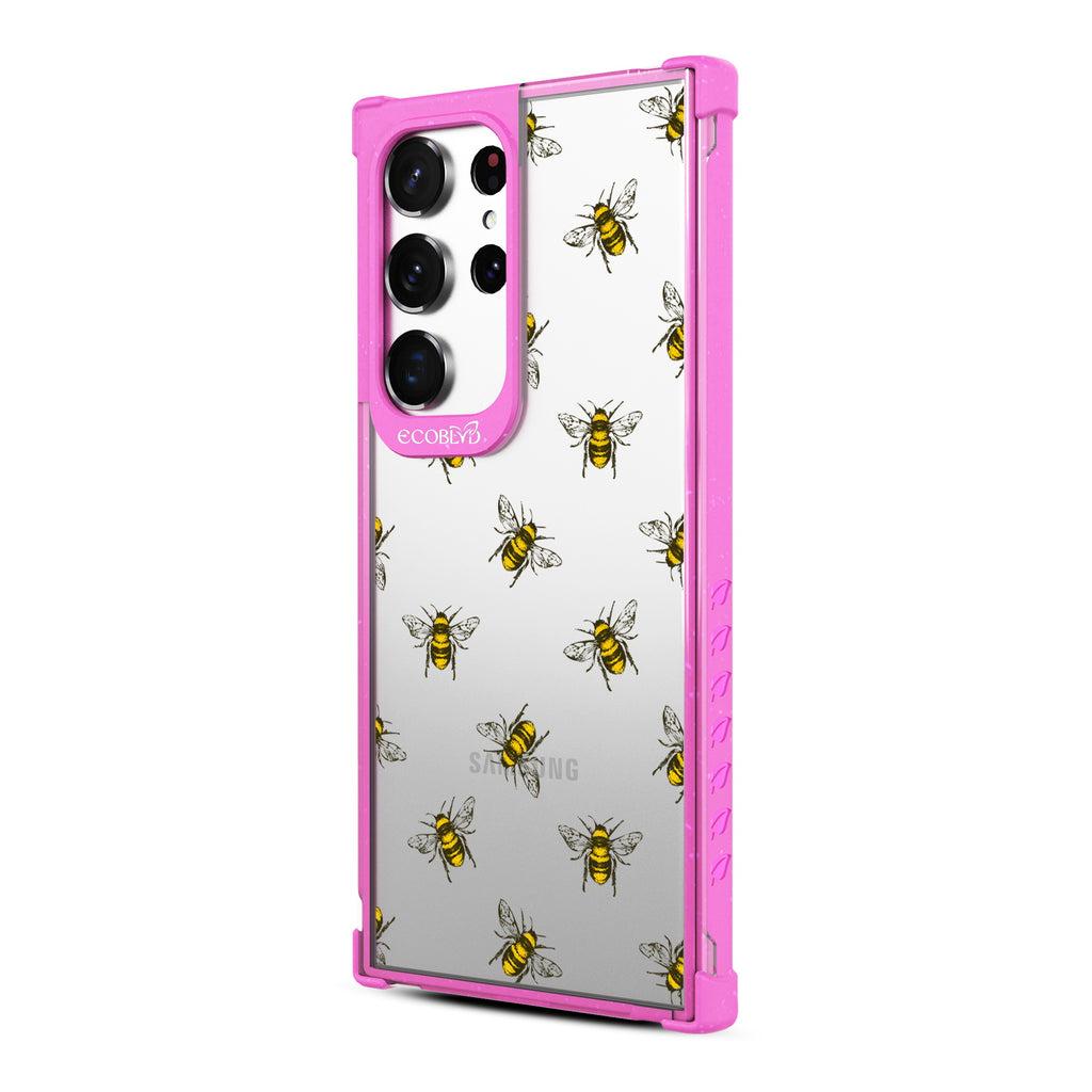 Bees - Right-side View Of Pink & Clear Eco-Friendly Galaxy S23 Ultra Case