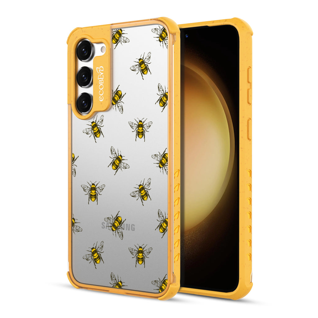 Bees - Back View Of Yellow & Clear Eco-Friendly Galaxy S23 Case & A Front View Of The Screen