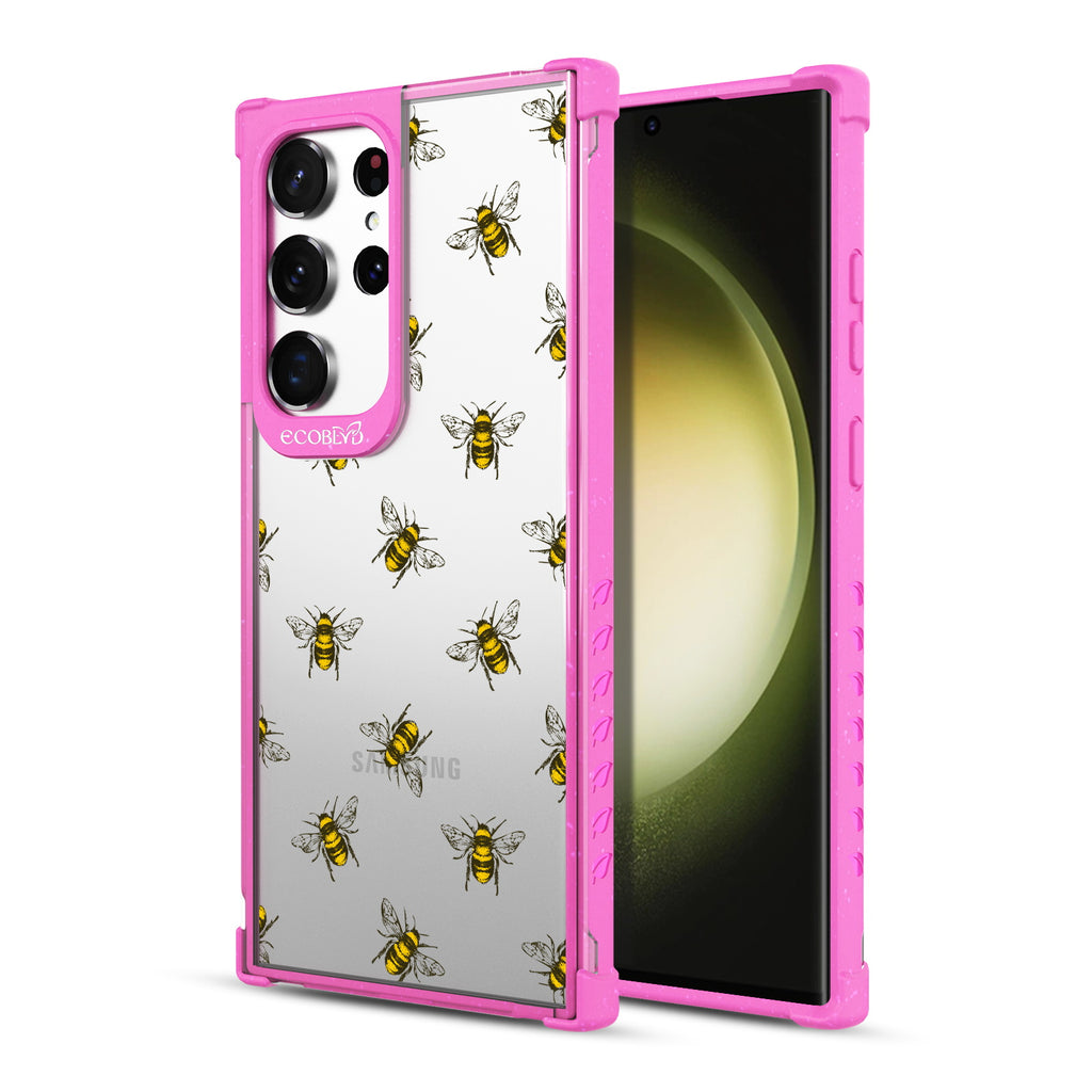 Bees - Back View Of Pink & Clear Eco-Friendly Galaxy S23 Ultra Case & A Front View Of The Screen