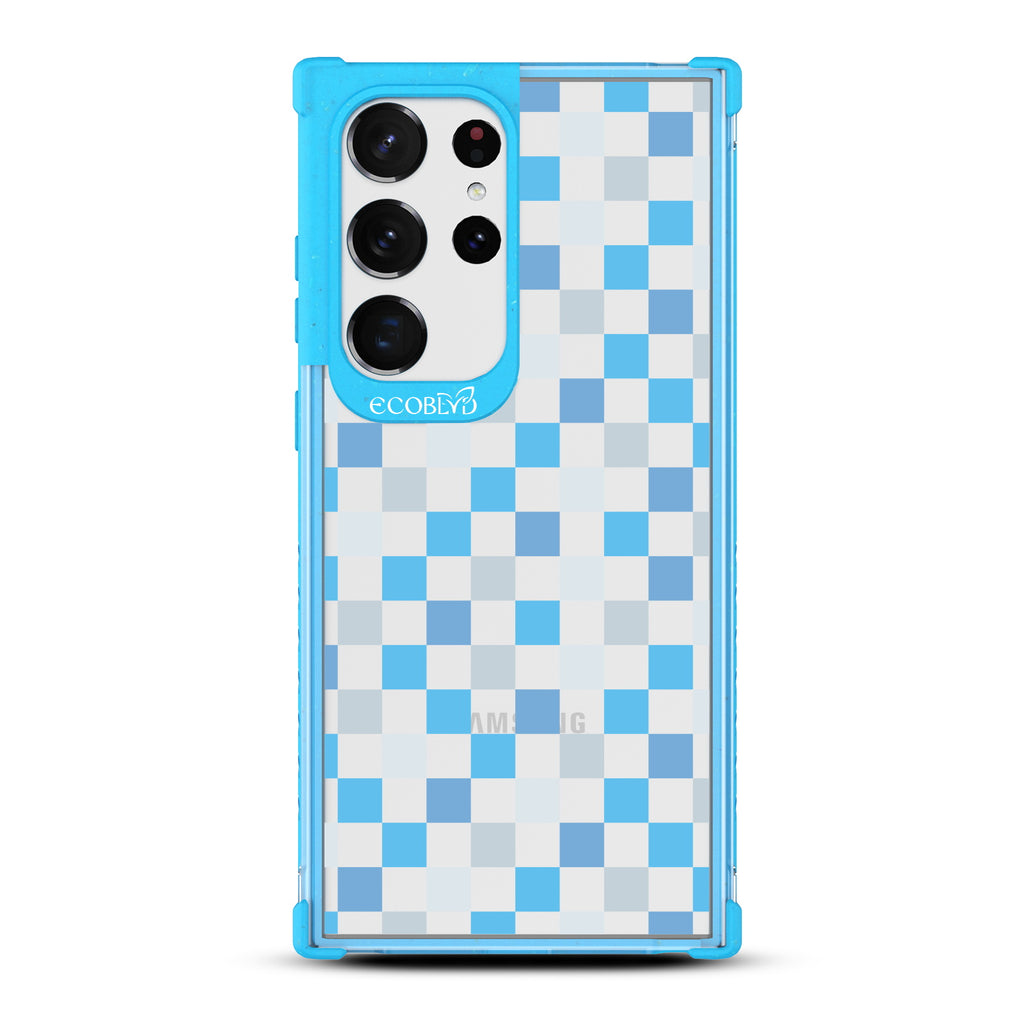 Checkered Print - Blue Eco-Friendly Galaxy S23 Ultra Case with Blue Checkered Print and On A Clear Back