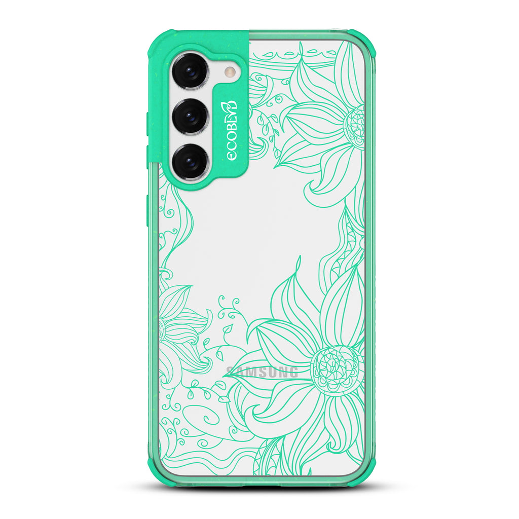 Flower Stencil - Green Eco-Friendly Galaxy S23 Plus Case With Sunflower Stencil Line Art On A Clear Back