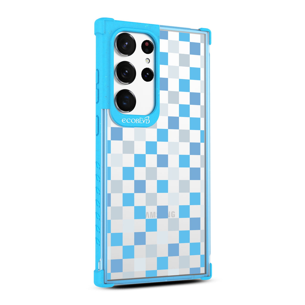 Checkered Print - Left-side View Of Blue & Clear Eco-Friendly Galaxy S23 Ultra Case