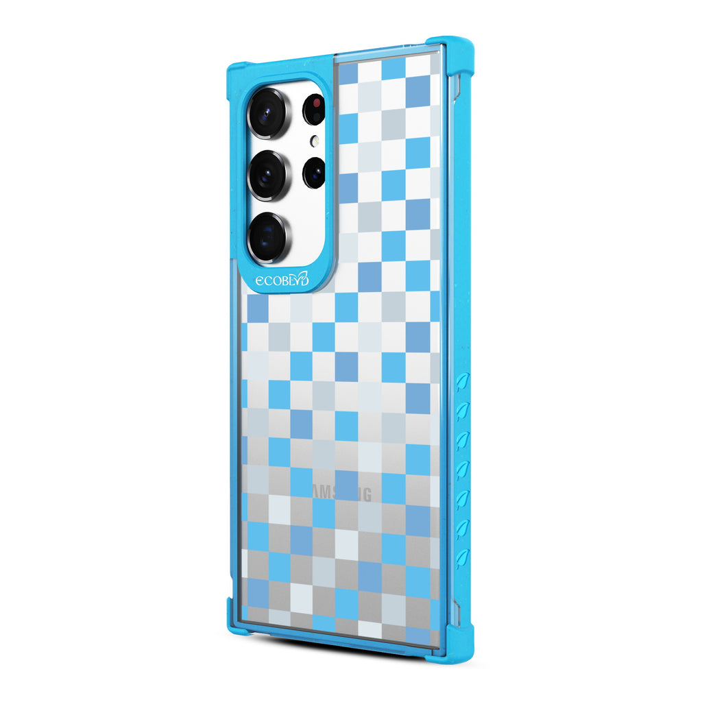 Checkered Print - Right-side View Of Blue & Clear Eco-Friendly Galaxy S23 Ultra Case