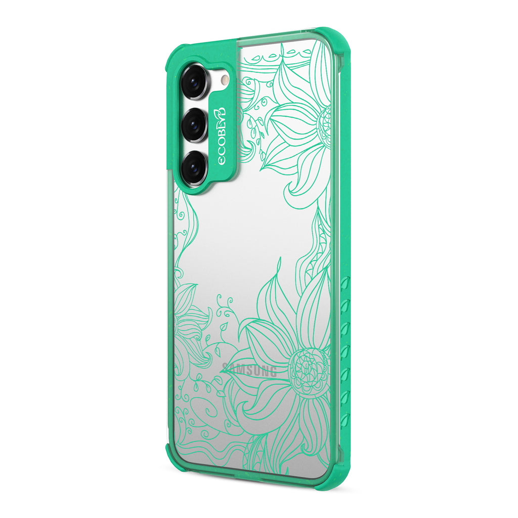 Flower Stencil - Right-side View Of Green & Clear Eco-Friendly Galaxy S23 Case