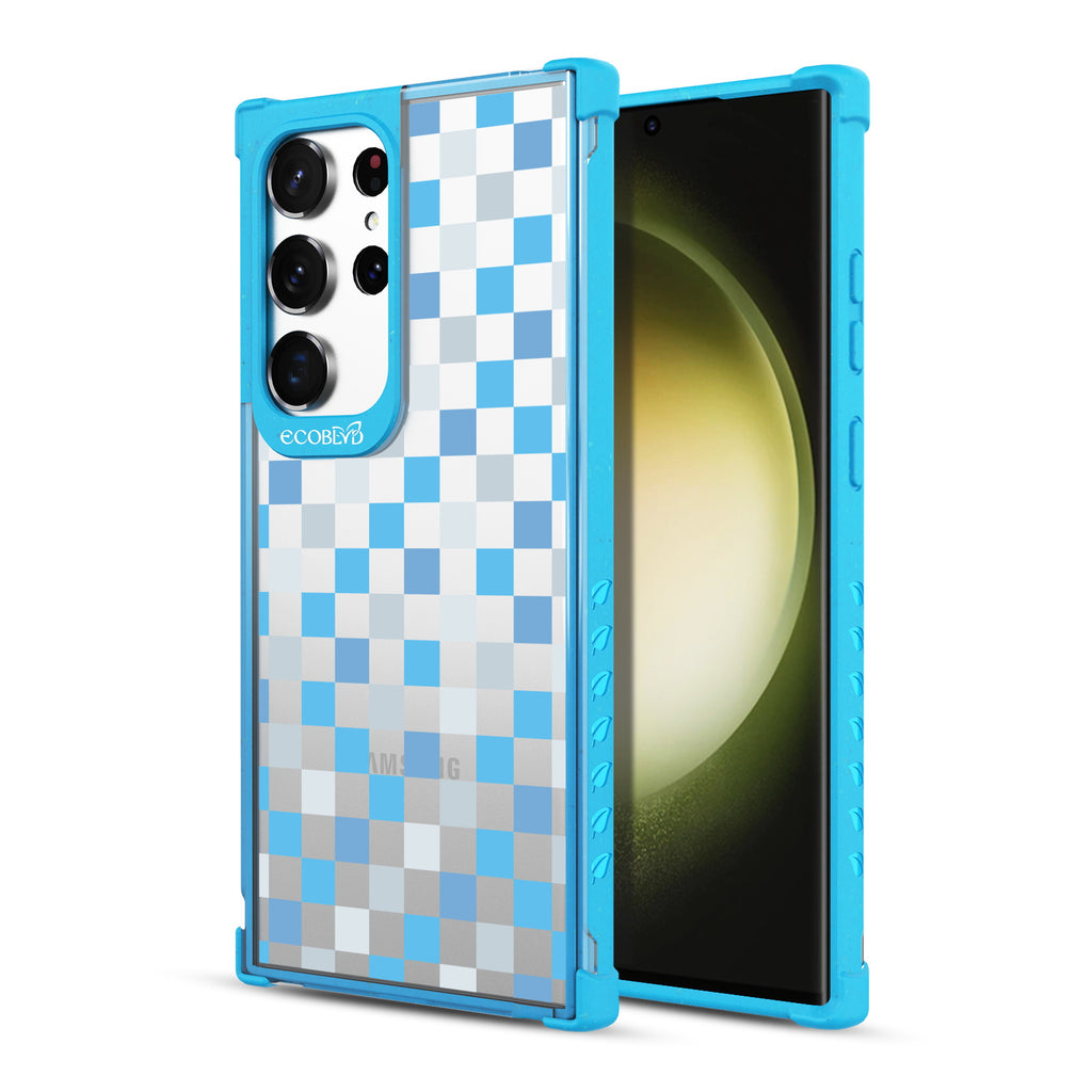 Checkered Print - Back View Of Blue & Clear Eco-Friendly Galaxy S23 Ultra Case & A Front View Of The Screen