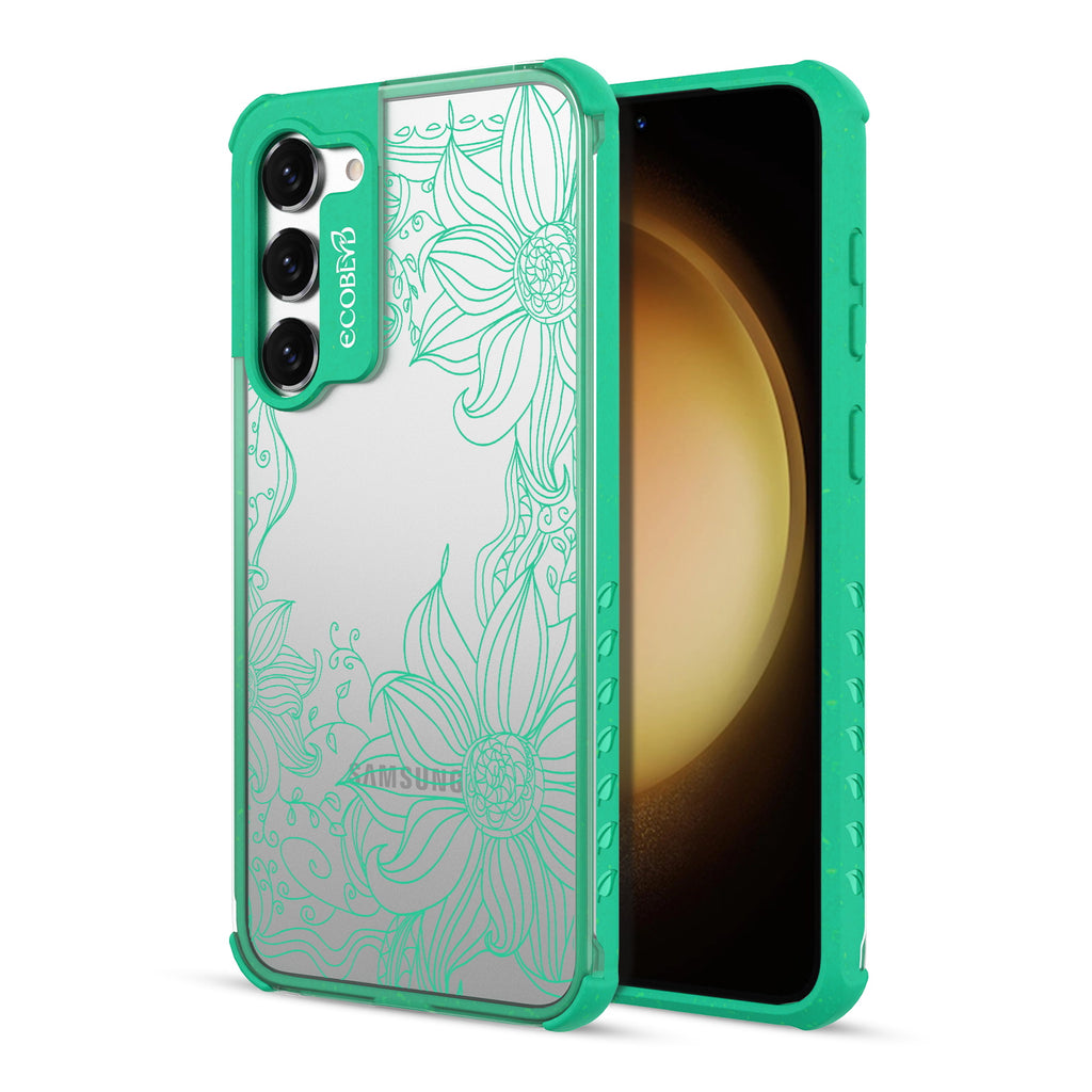 Flower Stencil - Back View Of Green & Clear Eco-Friendly Galaxy S23 Case & A Front View Of The Screen