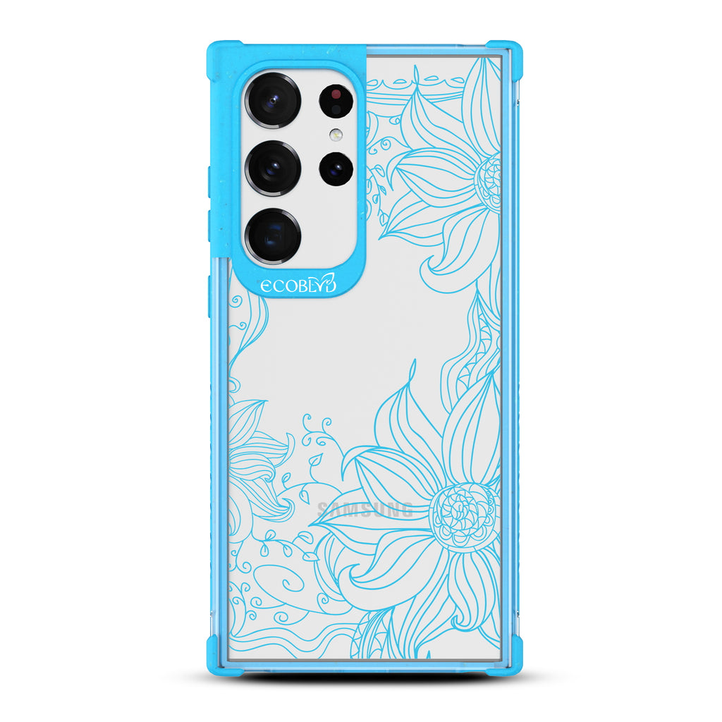 Flower Stencil - Blue Eco-Friendly Galaxy S23 Ultra Case With Sunflower Stencil Line Art On A Clear Back