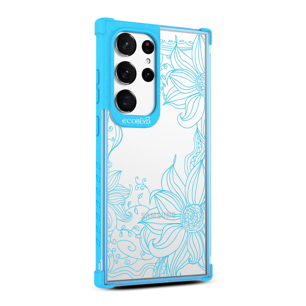 Flower Stencil - Left-side View Of Blue & Clear Eco-Friendly Galaxy S23 Ultra Case