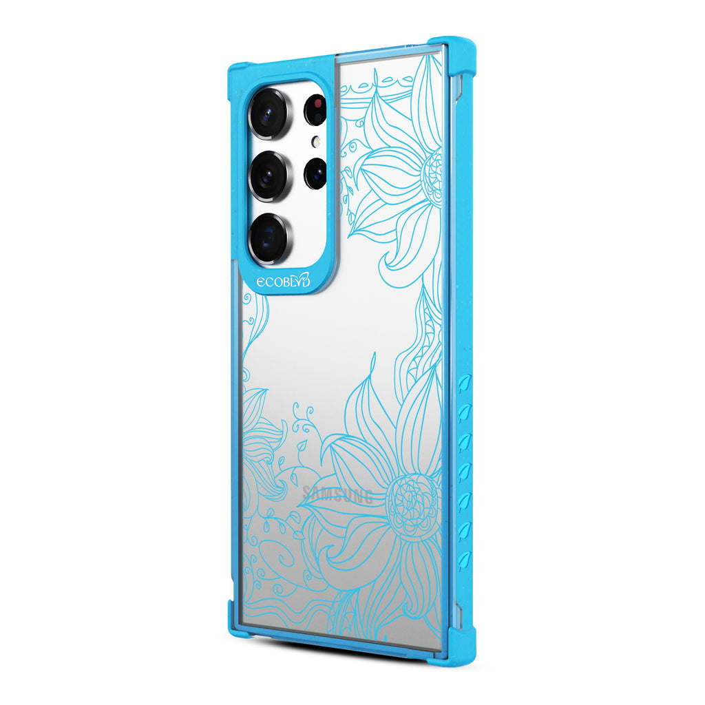Flower Stencil - Right-side View Of Blue & Clear Eco-Friendly Galaxy S23 Ultra Case