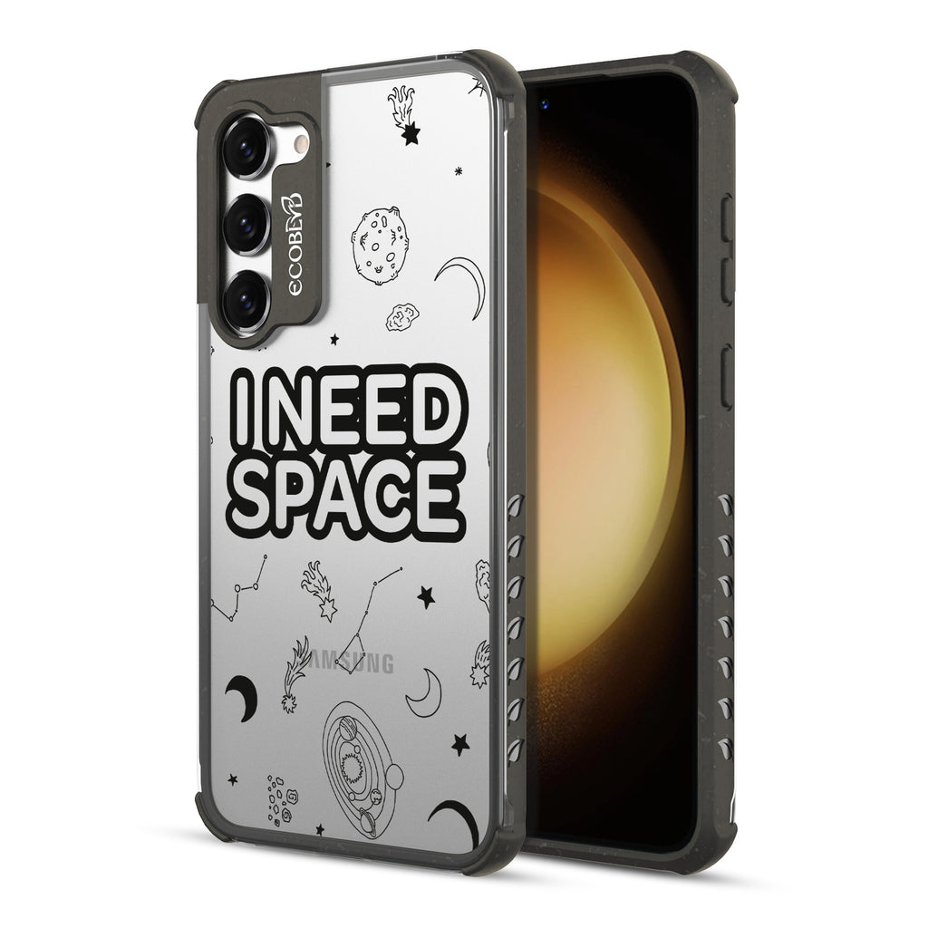 I Need Space - Back View Of Black & Clear Eco-Friendly Galaxy S23 Case & A Front View Of The Screen