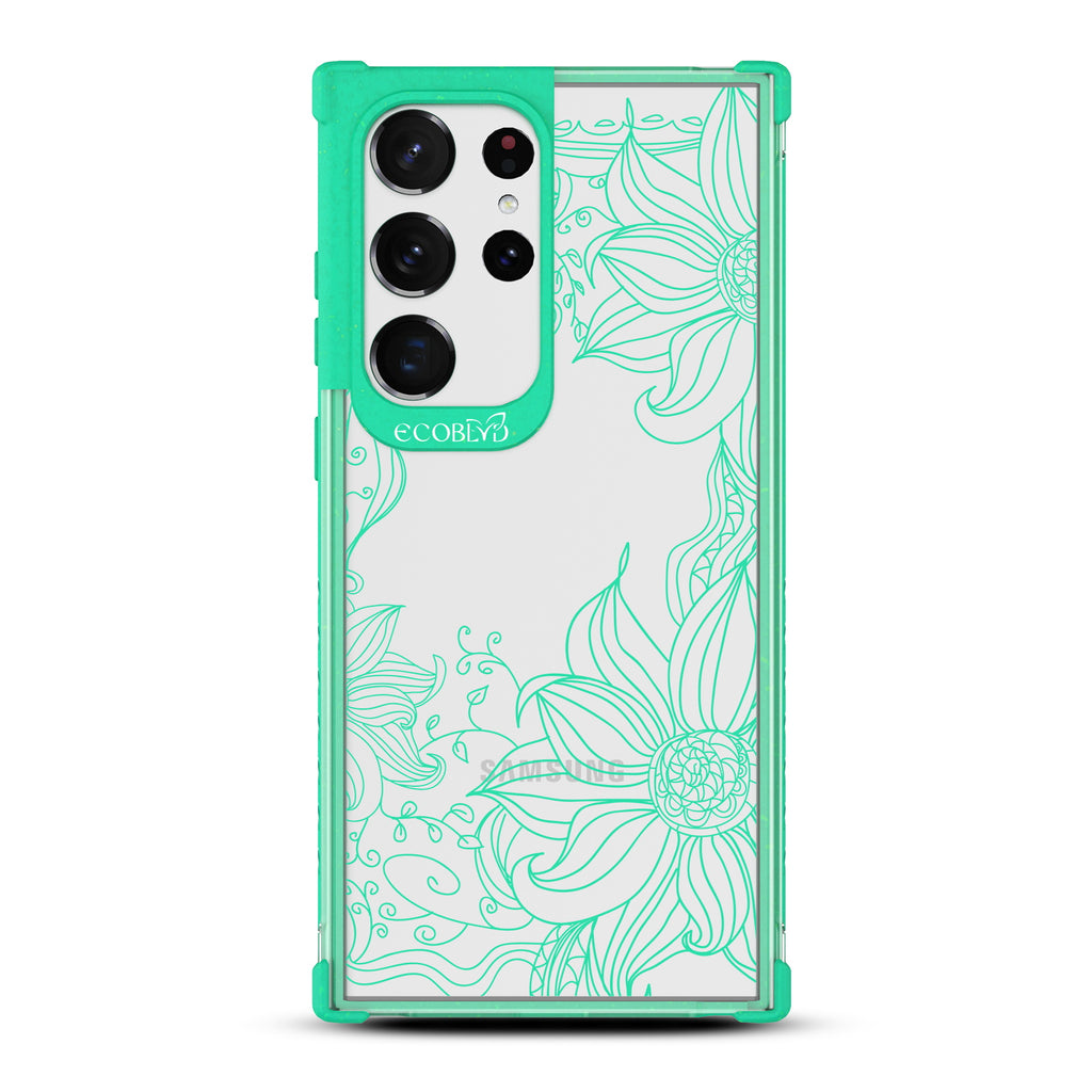 Flower Stencil - Green Eco-Friendly Galaxy S23 Ultra Case With Sunflower Stencil Line Art On A Clear Back