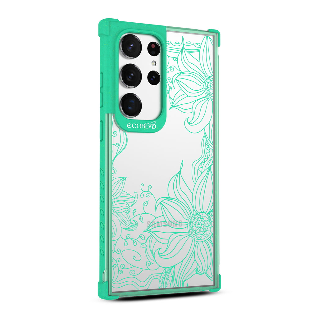 Flower Stencil - Left-side View Of Green & Clear Eco-Friendly Galaxy S23 Ultra Case