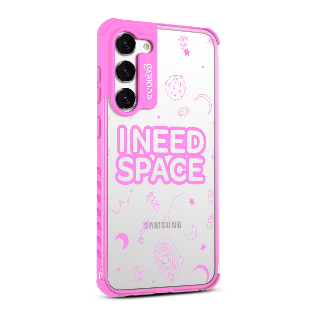 I Need Space - Left-side View Of Pink & Clear Eco-Friendly Galaxy S23 Case
