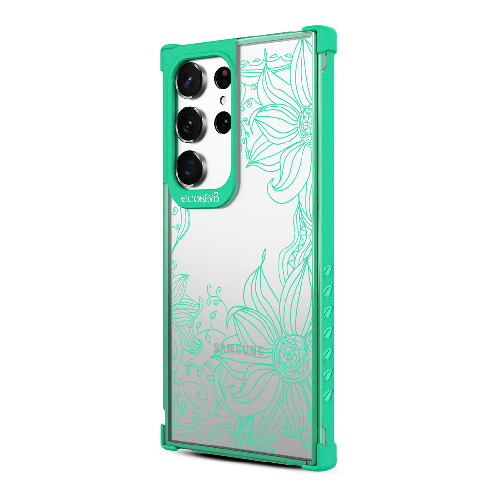 Flower Stencil - Right-side View Of Green & Clear Eco-Friendly Galaxy S23 Ultra Case
