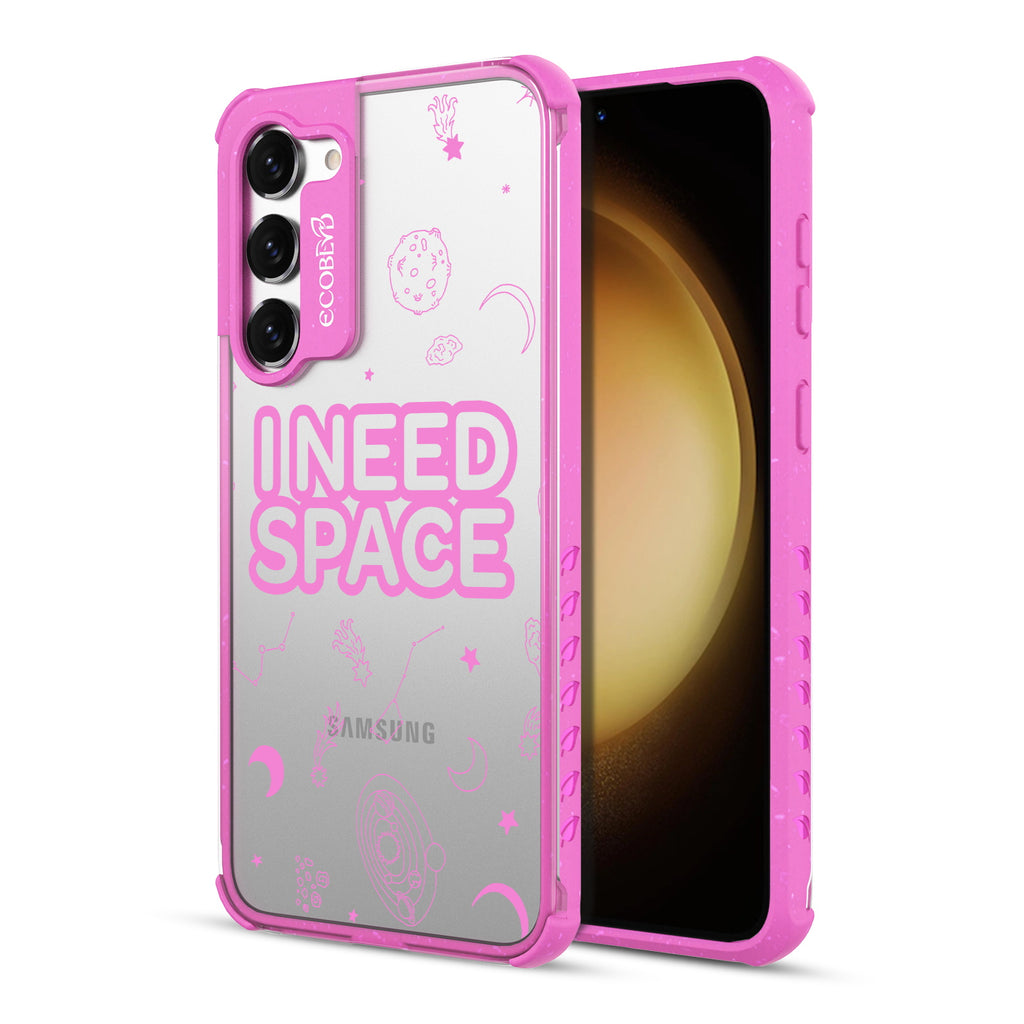 I Need Space - Back View Of Pink & Clear Eco-Friendly Galaxy S23 Case & A Front View Of The Screen