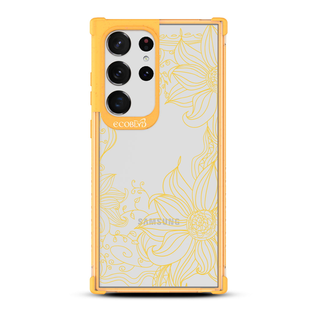 Flower Stencil - Yellow Eco-Friendly Galaxy S23 Ultra Case With Sunflower Stencil Line Art On A Clear Back