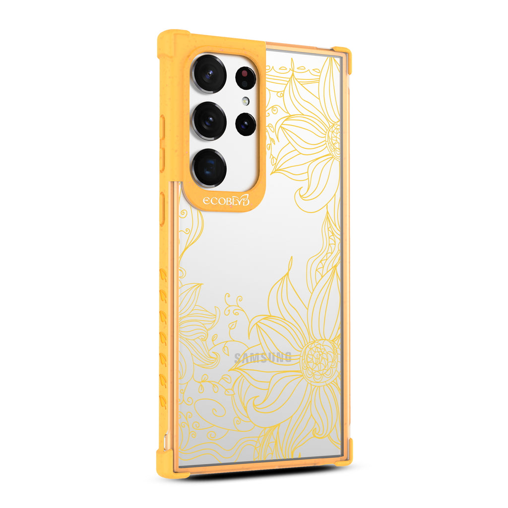 Flower Stencil - Left-side View Of Yellow & Clear Eco-Friendly Galaxy S23 Ultra Case