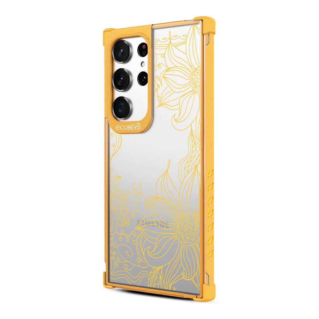 Flower Stencil - Right-side View Of Yellow & Clear Eco-Friendly Galaxy S23 Ultra Case