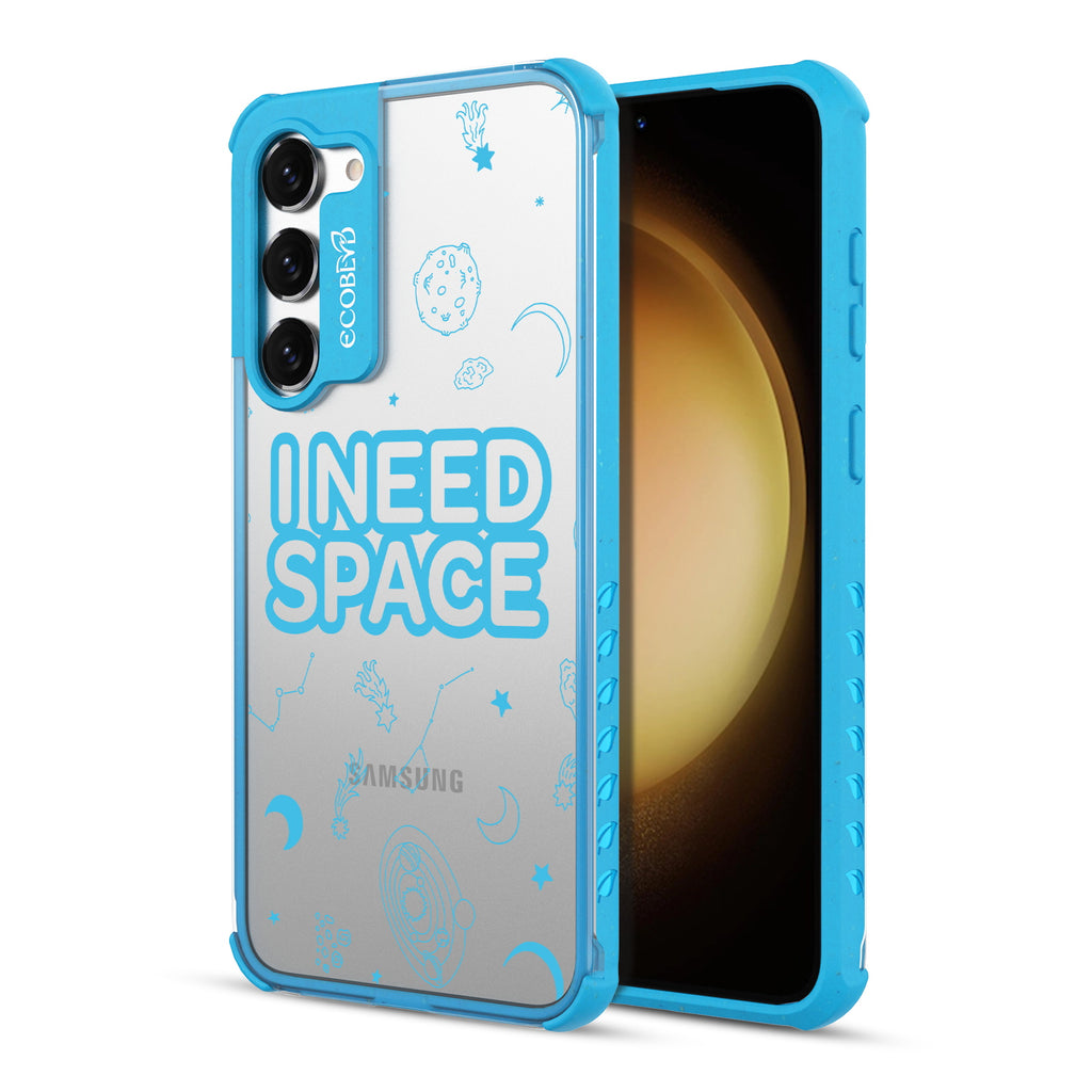 I Need Space - Back View Of Blue & Clear Eco-Friendly Galaxy S23 Case & A Front View Of The Screen