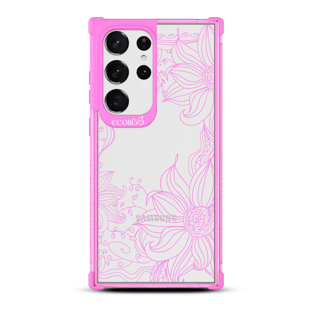 Flower Stencil - Pink Eco-Friendly Galaxy S23 Ultra Case With Sunflower Stencil Line Art On A Clear Back