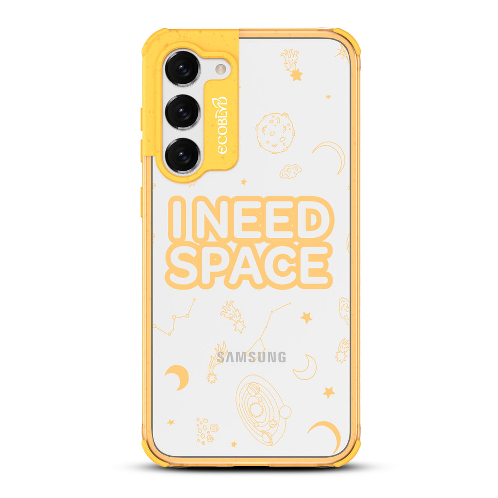 I Need Space - Yellow Eco-Friendly Galaxy S23 Plus Case With A With I Need Space, Constellations & Planets On A Clear Back