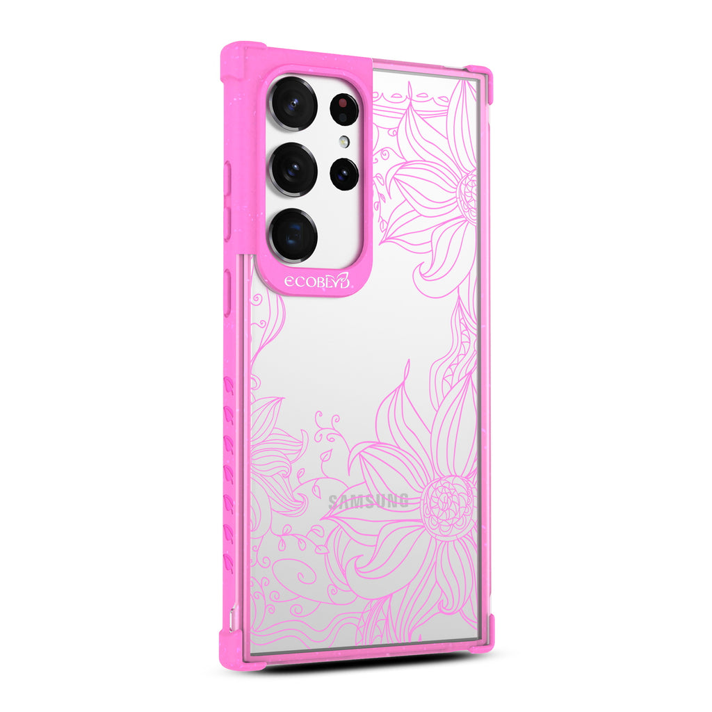 Flower Stencil - Left-side View Of Pink & Clear Eco-Friendly Galaxy S23 Ultra Case