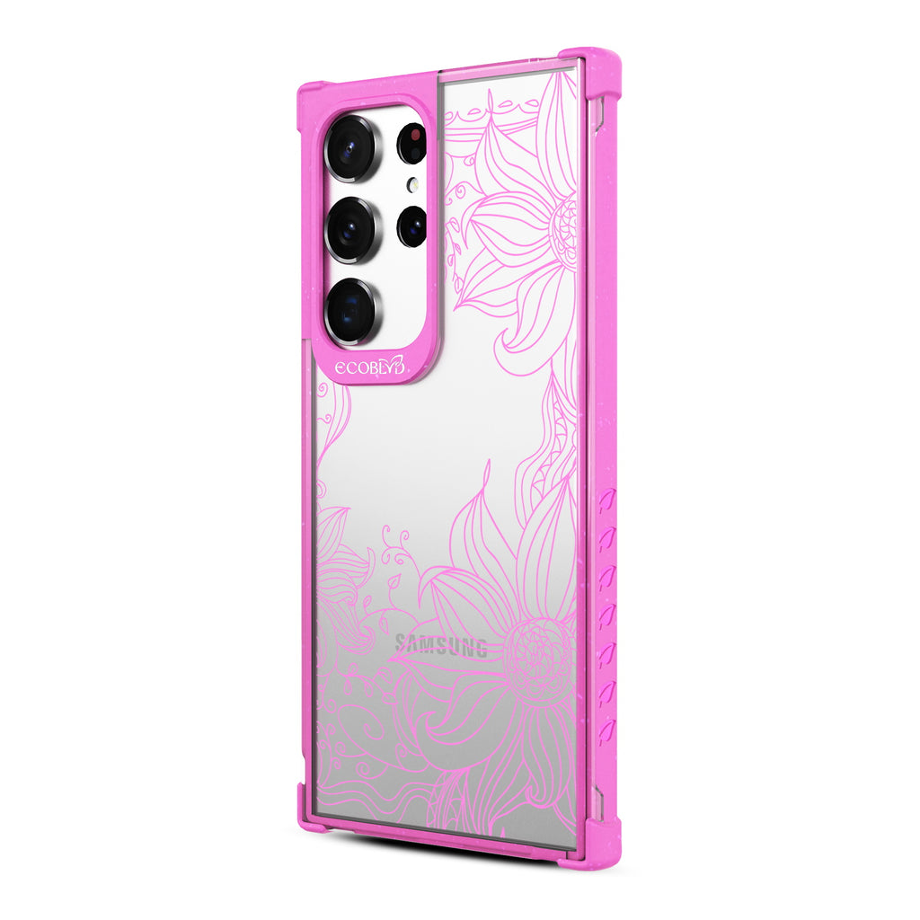 Flower Stencil - Right-side View Of Pink & Clear Eco-Friendly Galaxy S23 Ultra Case