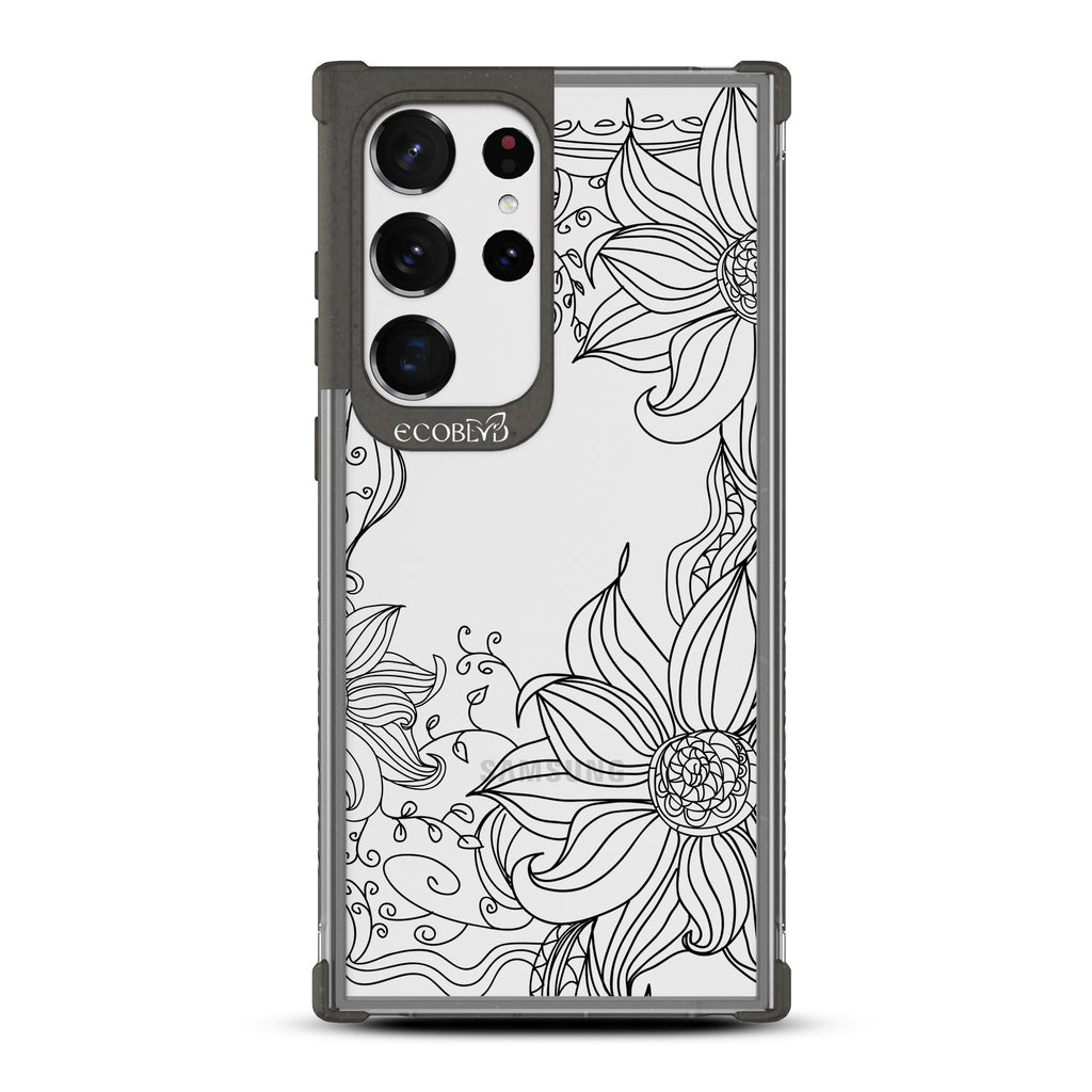 Flower Stencil - Black Eco-Friendly Galaxy S23 Ultra Case With Sunflower Stencil Line Art On A Clear Back