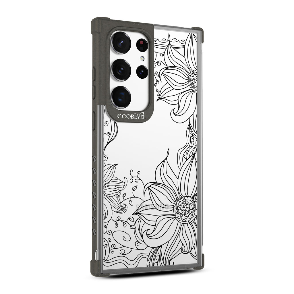 Flower Stencil - Left-side View Of Black & Clear Eco-Friendly Galaxy S23 Ultra Case