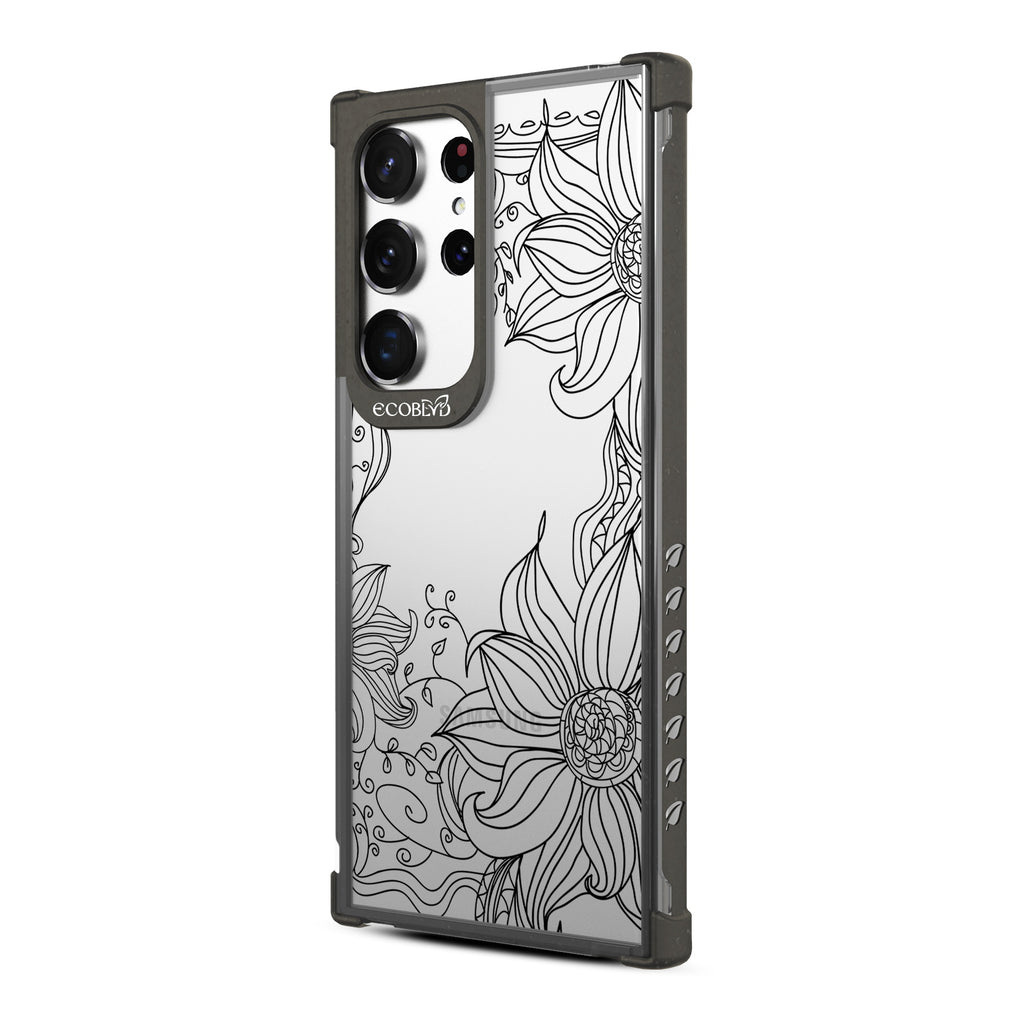 Flower Stencil - Right-side View Of Black & Clear Eco-Friendly Galaxy S23 Ultra Case