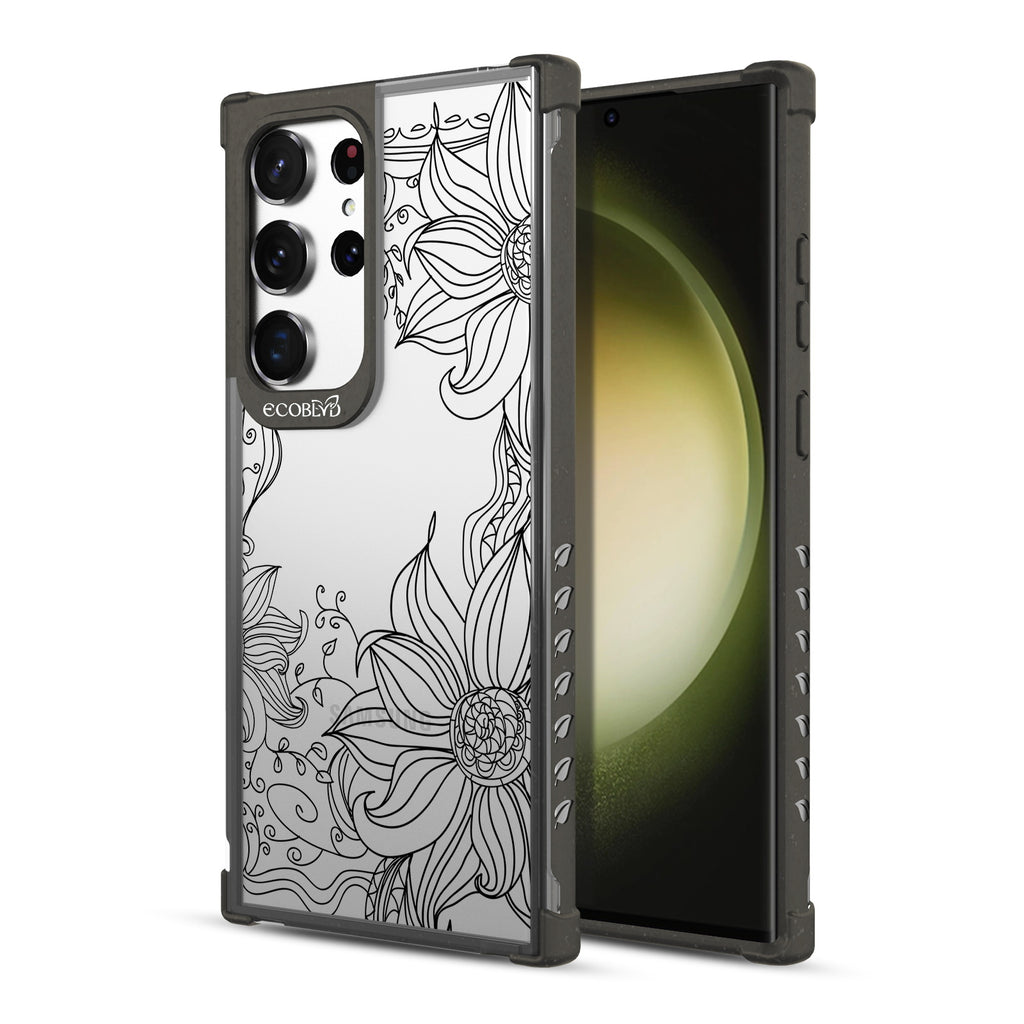 Flower Stencil - Back View Of Black & Clear Eco-Friendly Galaxy S23 Ultra Case & A Front View Of The Screen