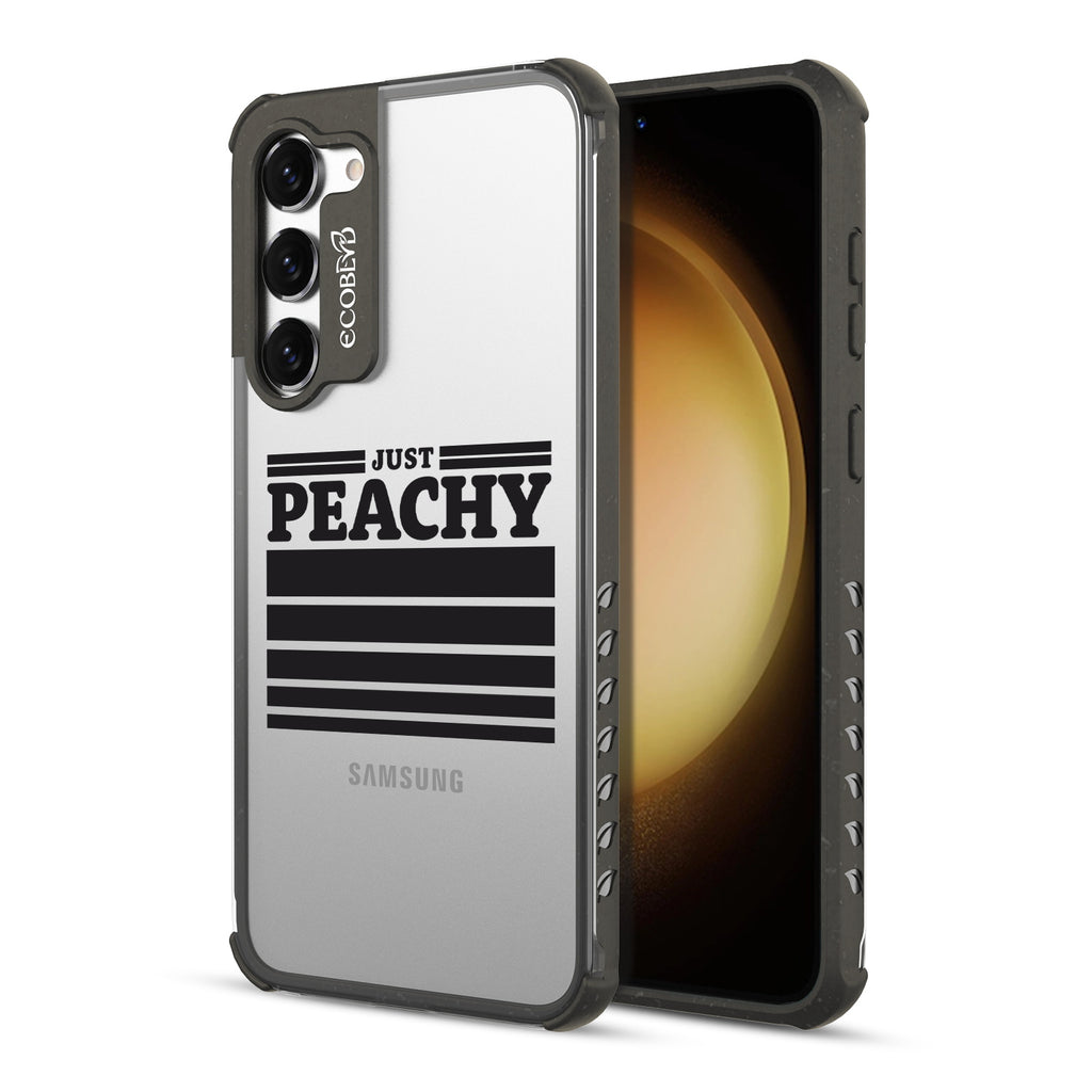 Just Peachy - Back View Of Black & Clear Eco-Friendly Galaxy S23 Plus Case & A Front View Of The Screen