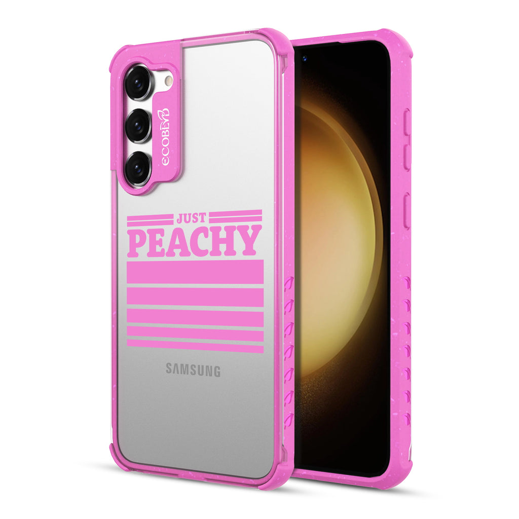 Just Peachy - Back View Of Pink & Clear Eco-Friendly Galaxy S23 Plus Case & A Front View Of The Screen