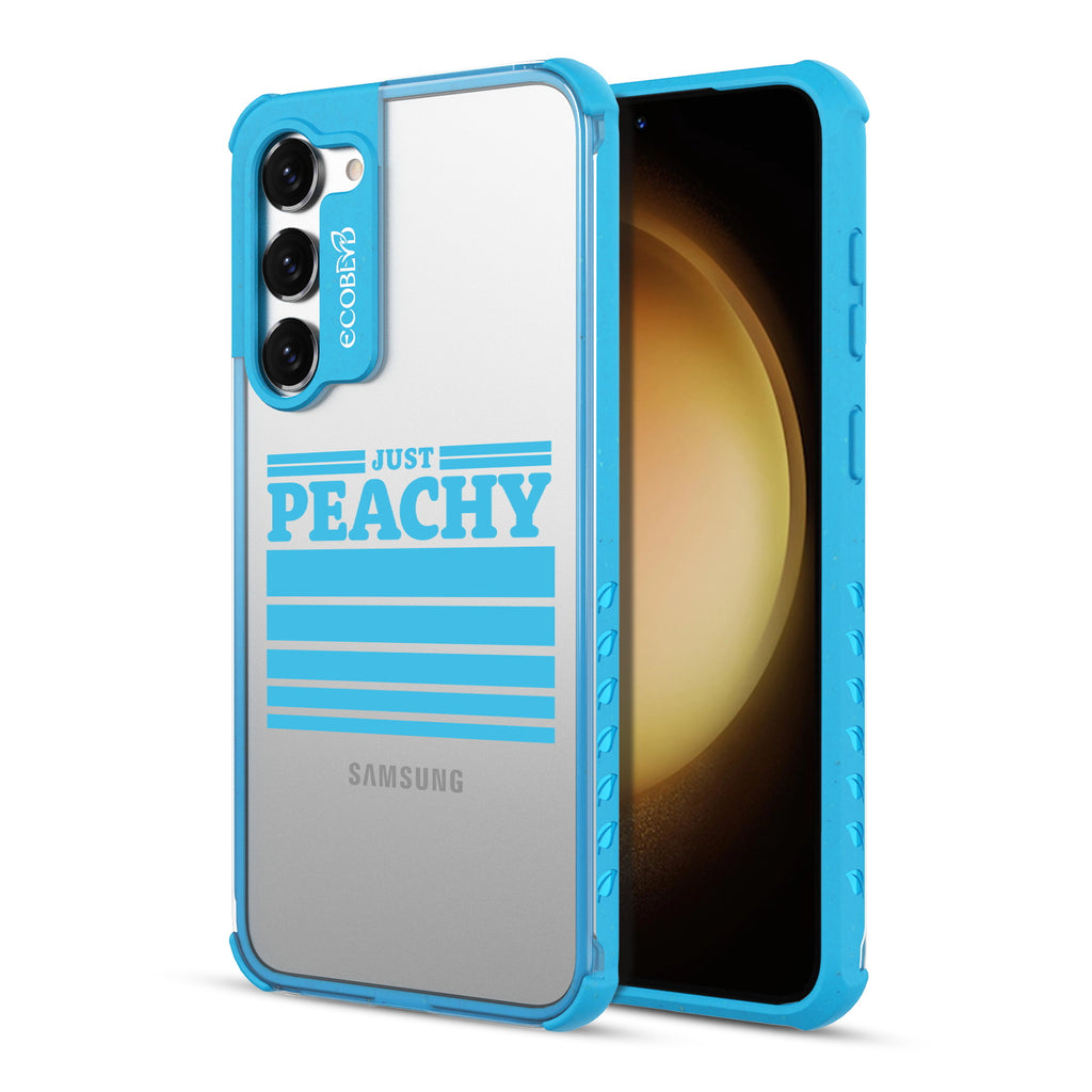  Just Peachy - Back View Of Blue & Clear Eco-Friendly Galaxy S23 Case & A Front View Of The Screen