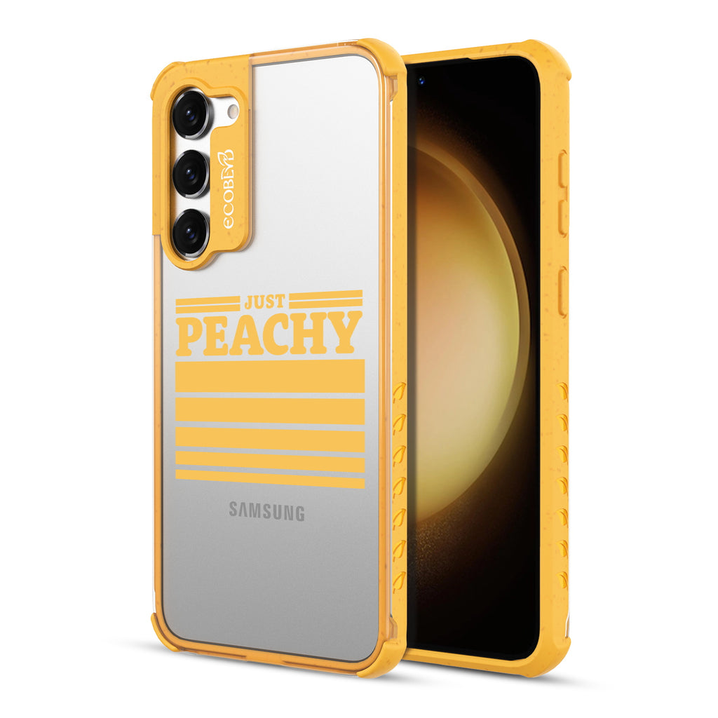  Just Peachy - Back View Of Yellow & Clear Eco-Friendly Galaxy S23 Case & A Front View Of The Screen