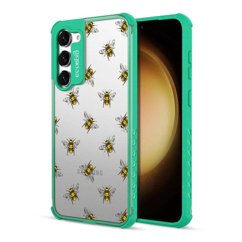 Bees - Back View Of Green & Clear Eco-Friendly Galaxy S23 Case & A Front View Of The Screen