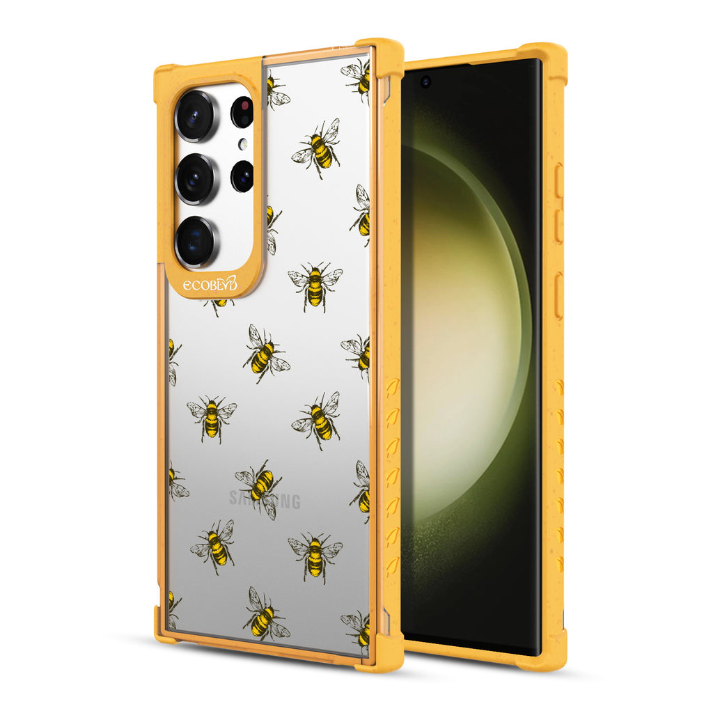Bees - Back View Of Yellow & Clear Eco-Friendly Galaxy S23 Ultra Case & A Front View Of The Screen