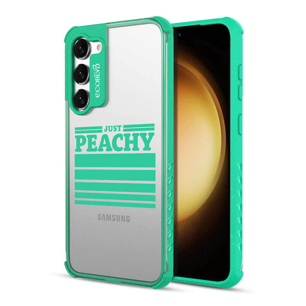 Just Peachy - Back View Of Green & Clear Eco-Friendly Galaxy S23 Plus Case & A Front View Of The Screen