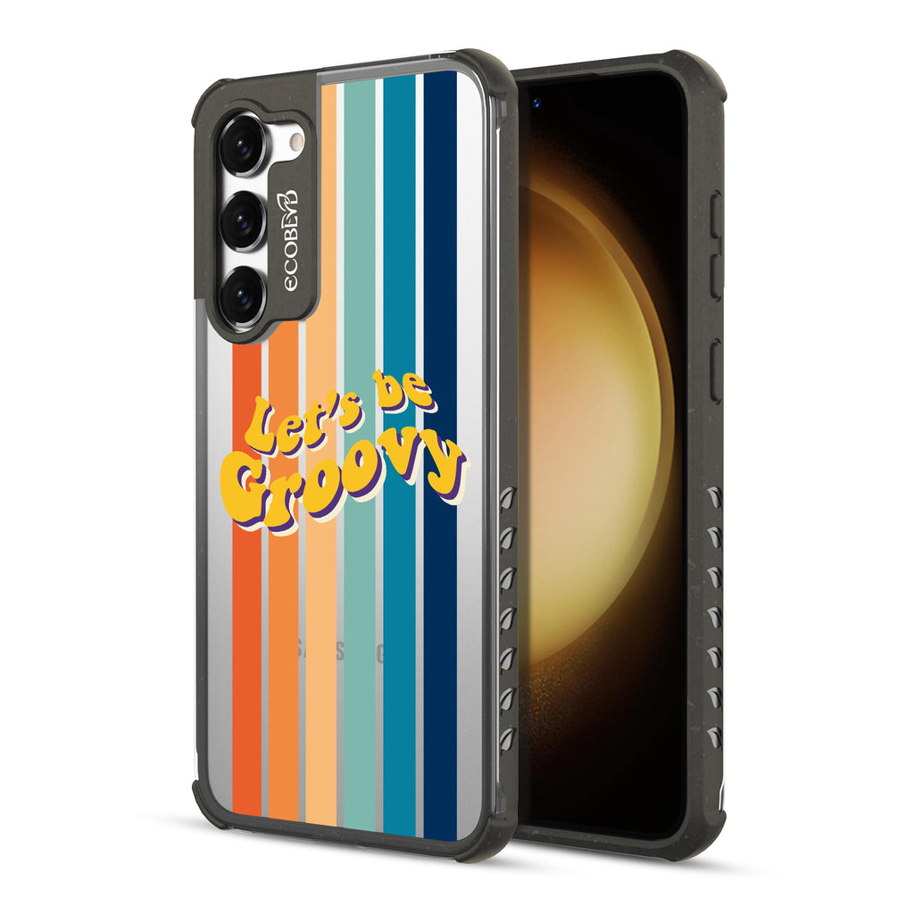Let?€?s Be Groovy - Back View Of Black & Clear Eco-Friendly Galaxy S23 Plus Case & A Front View Of The Screen
