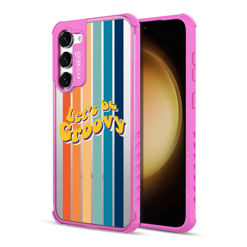 Let’s Be Groovy - Back View Of Pink & Clear Eco-Friendly Galaxy S23 Case & A Front View Of The Screen