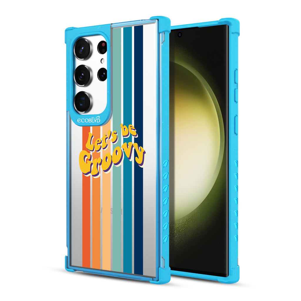 Let?€?s Be Groovy - Back View Of Blue & Clear Eco-Friendly Galaxy S23 Ultra Case & A Front View Of The Screen