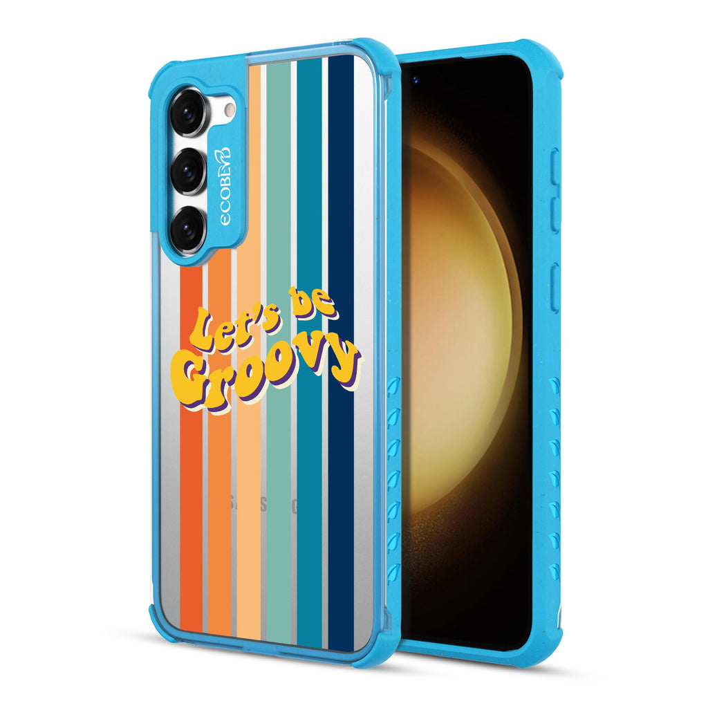  Let’s Be Groovy - Back View Of Blue & Clear Eco-Friendly Galaxy S23 Case & A Front View Of The Screen