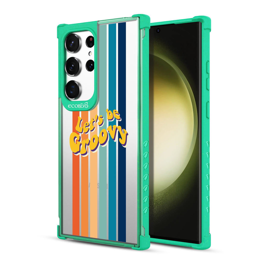 Let?€?s Be Groovy - Back View Of Green & Clear Eco-Friendly Galaxy S23 Ultra Case & A Front View Of The Screen