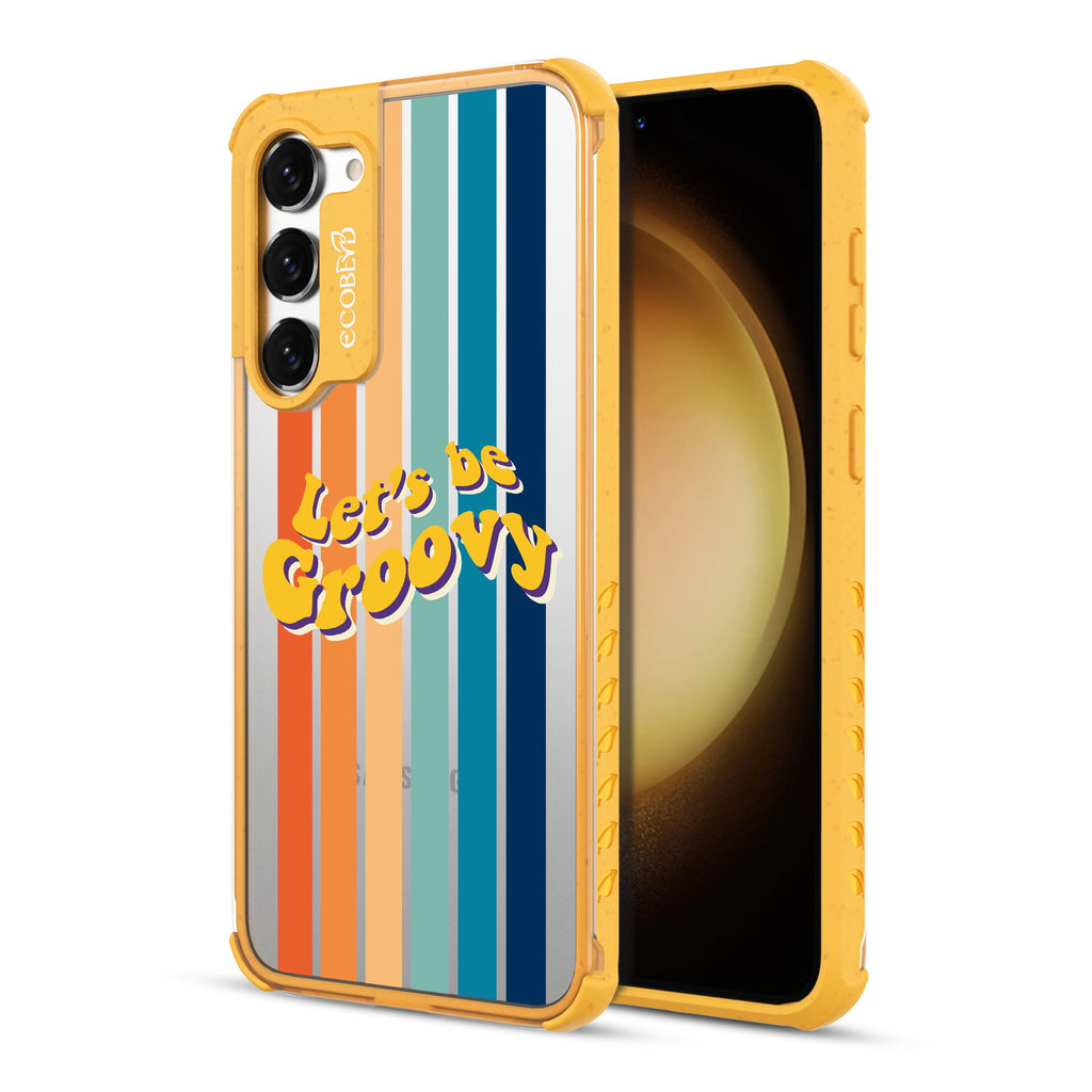 Let’s Be Groovy - Back View Of Yellow & Clear Eco-Friendly Galaxy S23 Case & A Front View Of The Screen
