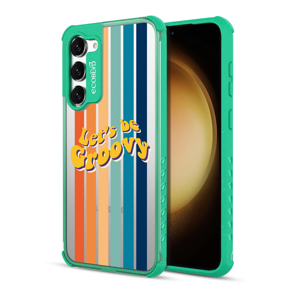 Let’s Be Groovy - Back View Of Green & Clear Eco-Friendly Galaxy S23 Case & A Front View Of The Screen
