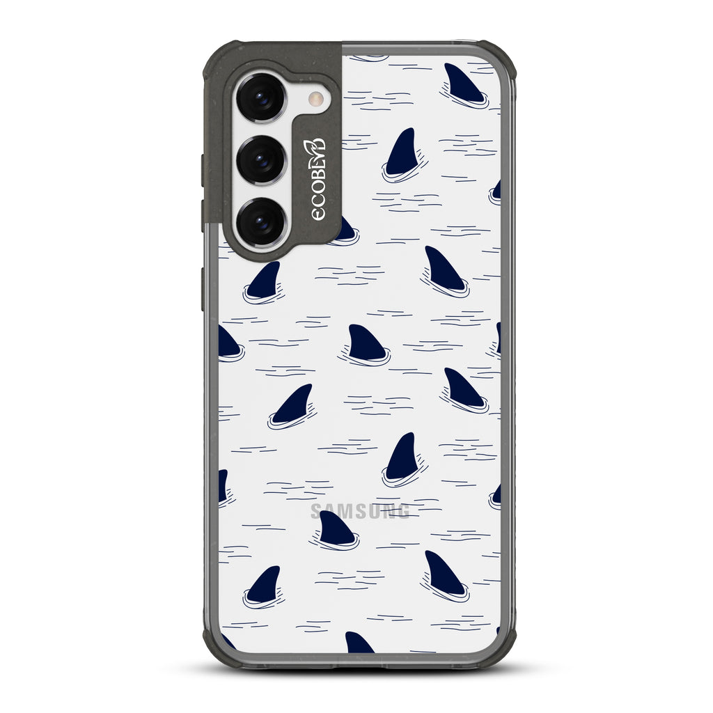 Shark Fin - Black Eco-Friendly Galaxy S23 Case With Shark Fins Peeking From Water On A Clear Back