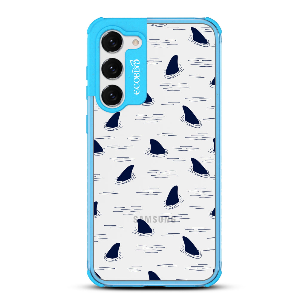 Shark Fin - Blue Eco-Friendly Galaxy S23 Case With Shark Fins Peeking From Water On A Clear Back